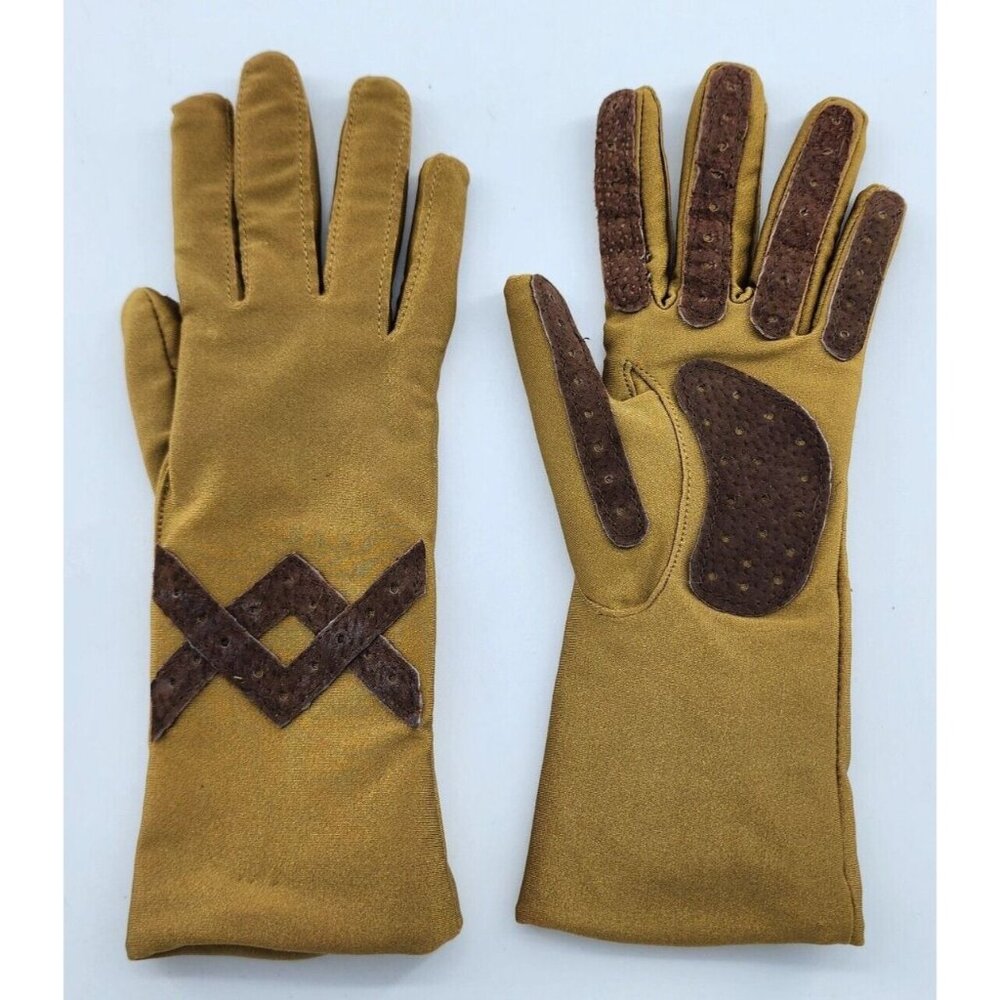 Vintage Bloomingdales Women's Tan Gloves Pigsuede Trim OSFA Nylon Spandex Blend